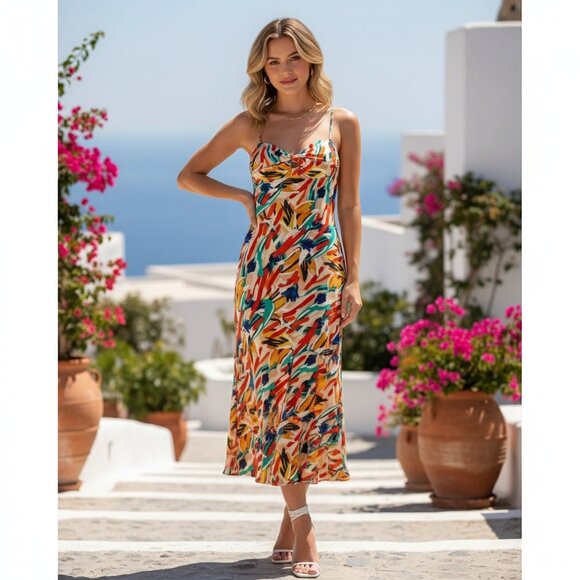 NWT ASTR THE LABEL Mariela Abstract Satin Dress | Orange Multi - Picture 1 of 5